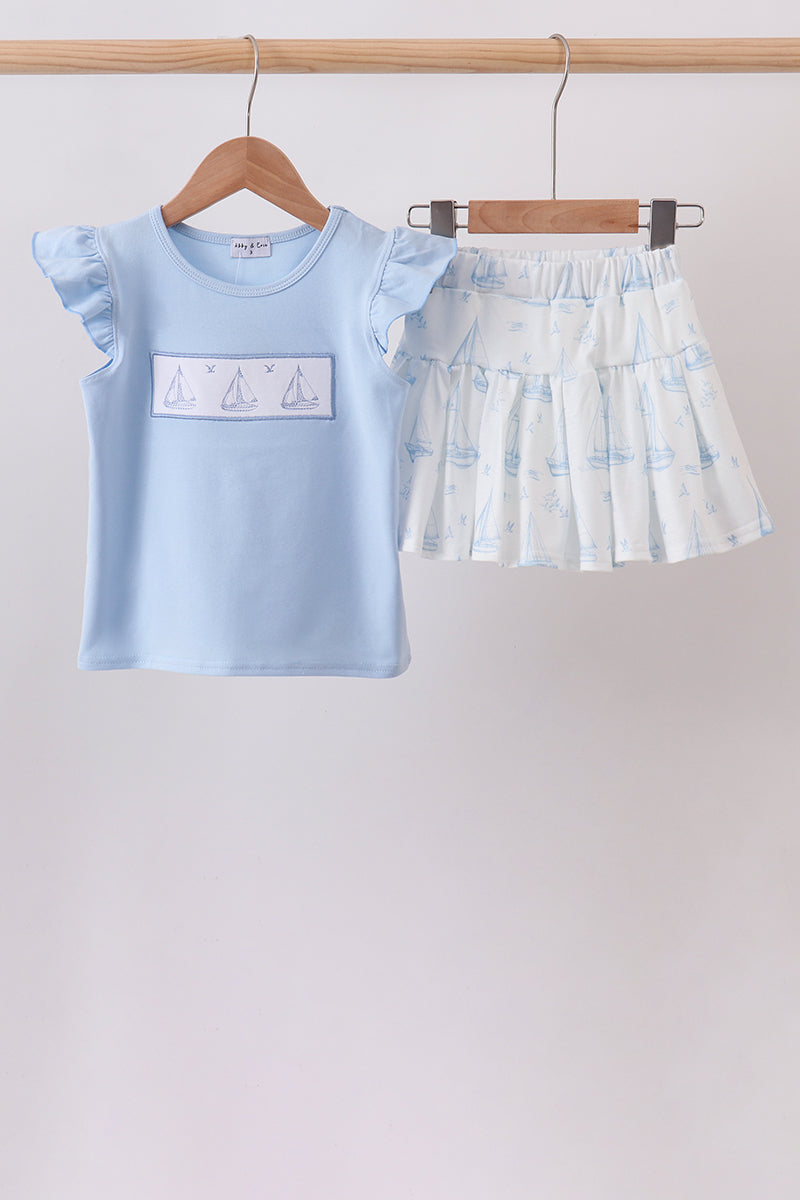 Blue Sailboat Embroidered Skorts Set - Aaria Tees Aaria Tees