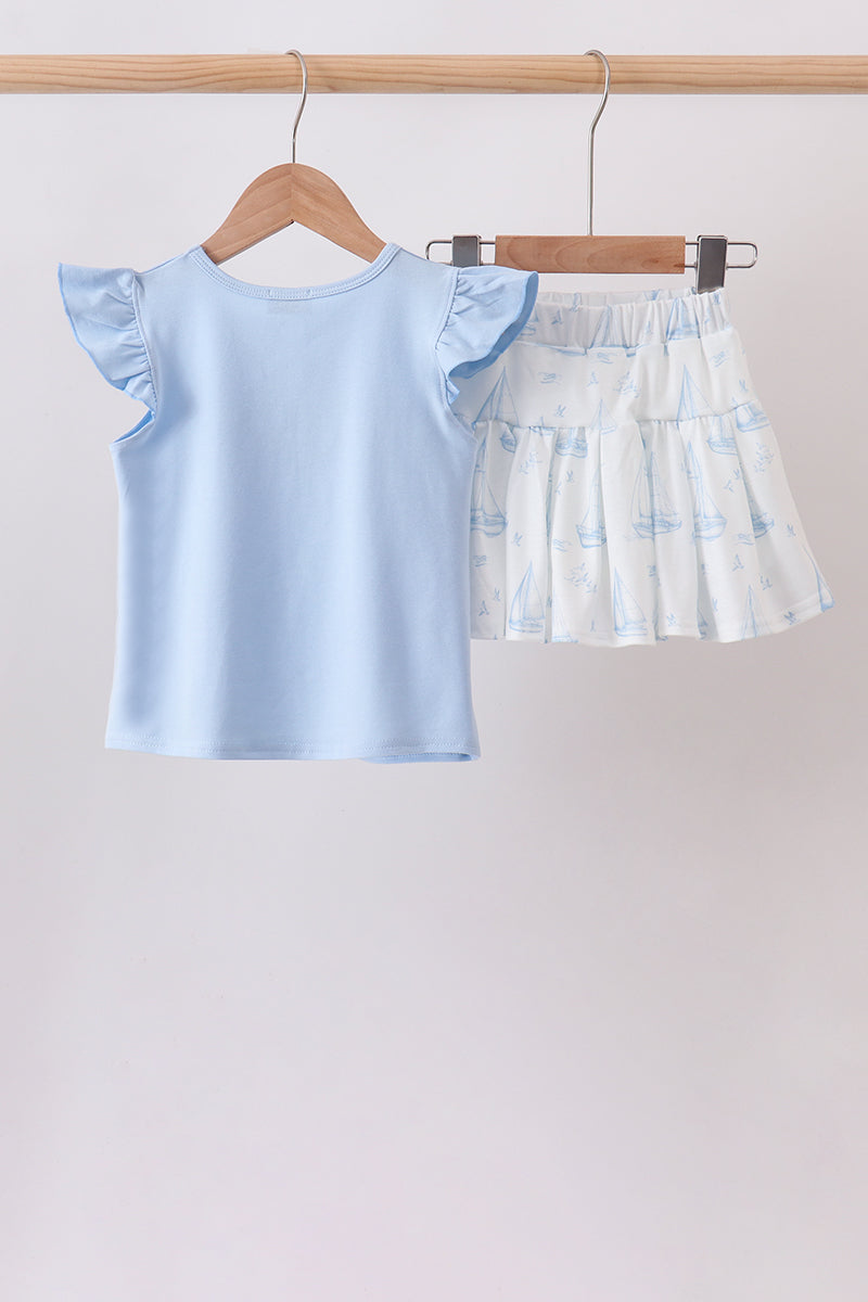 Blue Sailboat Embroidered Skorts Set - Aaria Tees Aaria Tees
