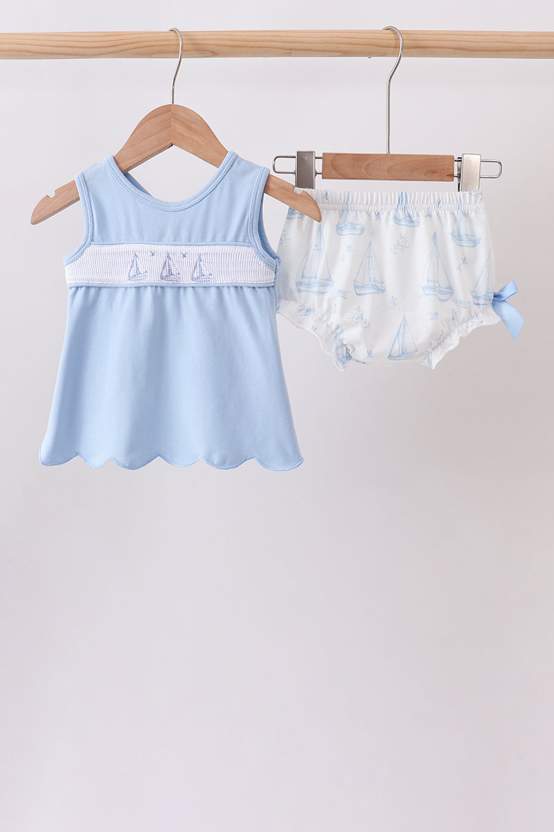Blue Sailboat Smocked Scalloped Bloomer Set - Aaria Tees