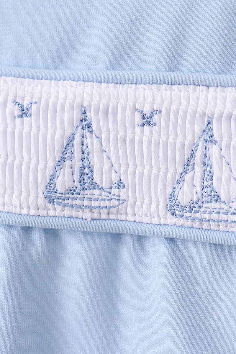 Blue Sailboat Smocked Scalloped Bloomer Set - Aaria Tees Aaria Tees