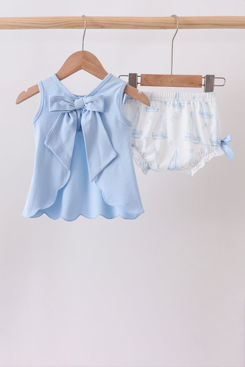 Blue Sailboat Smocked Scalloped Bloomer Set - Aaria Tees Aaria Tees