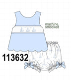 Blue Sailboat Smocked Scalloped Bloomer Set Aaria Tees