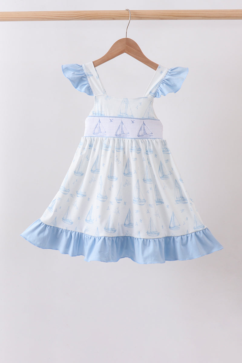 Blue Sailboat Smocked Ruffle Dress - Aaria Tees