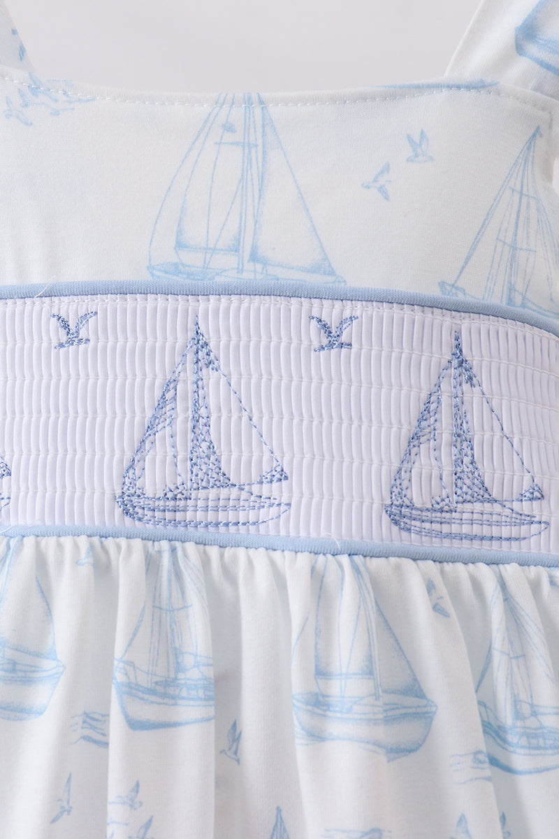 Blue Sailboat Smocked Ruffle Dress - Aaria Tees Aaria Tees