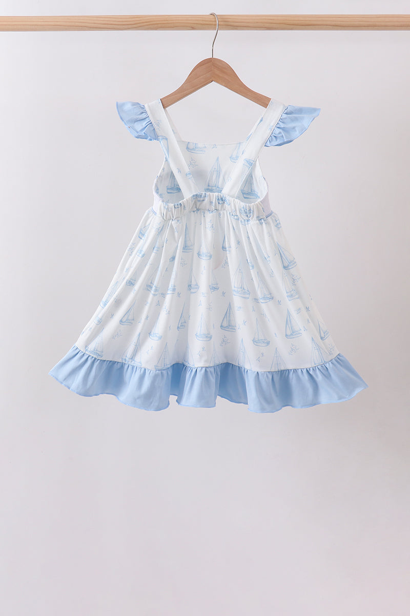 Blue Sailboat Smocked Ruffle Dress - Aaria Tees Aaria Tees