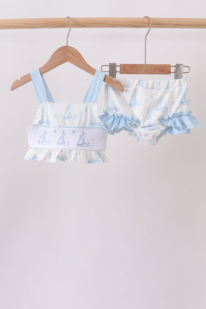 Blue Sailboat Smocked 2PC Swimsuit - Aaria Tees Aaria Tees