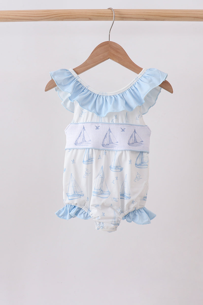 Blue Sailboat Smocked One-Piece Swimsuit - Aaria Tees