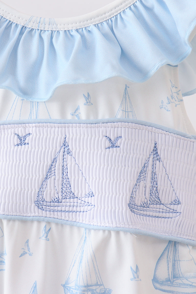 Blue Sailboat Smocked One-Piece Swimsuit - Aaria Tees Aaria Tees
