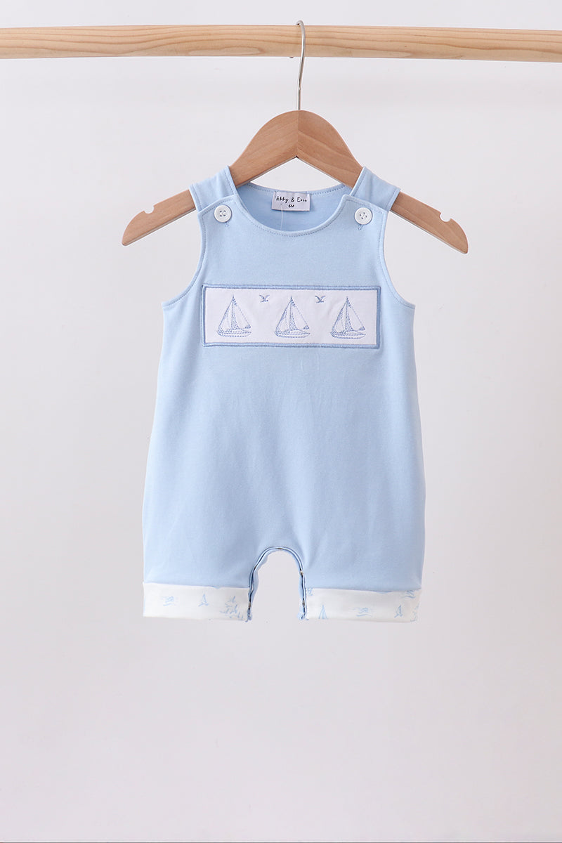 Blue Sailboat Embroidered Jon Jon - Aaria Tees