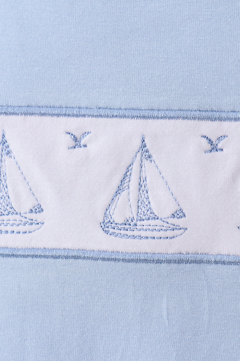 Blue Sailboat Embroidered Jon Jon - Aaria Tees Aaria Tees