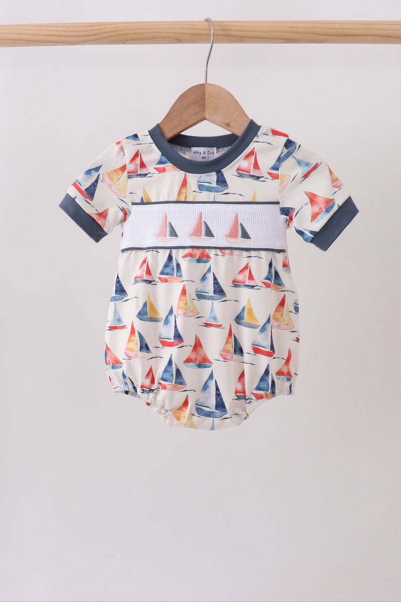 Blue Sailboat Smocked Bubble - Aaria Tees Aaria Tees