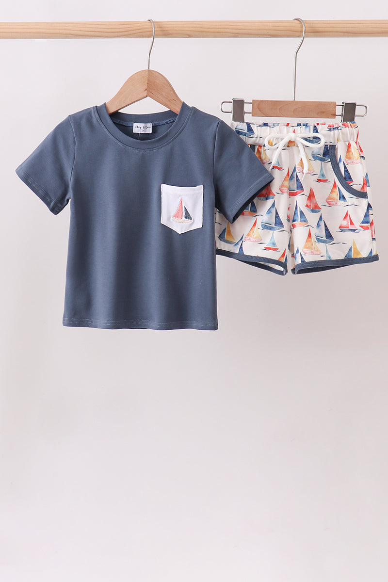 Blue Sailboat Print Shorts Set - Aaria Tees