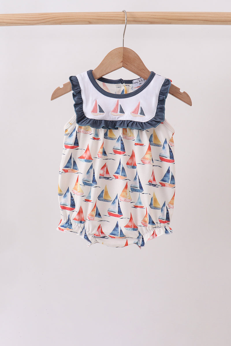 Blue Sailboat Embroidered Ruffle Bubble - Aaria Tees Aaria Tees