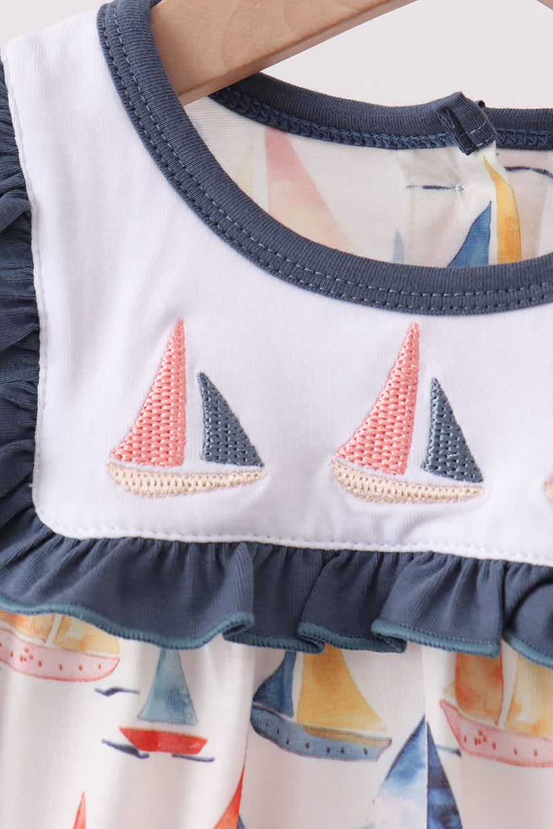 Blue Sailboat Embroidered Ruffle Bubble - Aaria Tees Aaria Tees