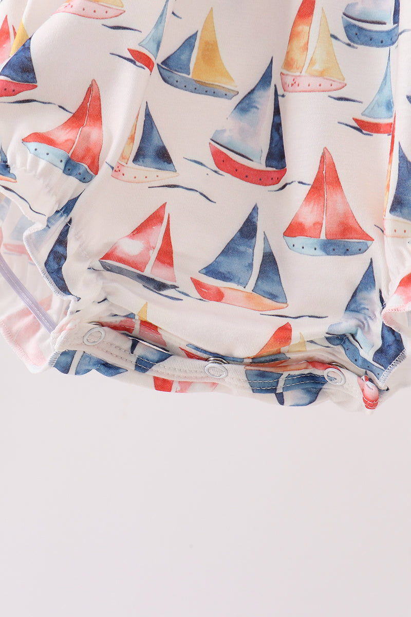 Blue Sailboat Embroidered Ruffle Bubble - Aaria Tees Aaria Tees