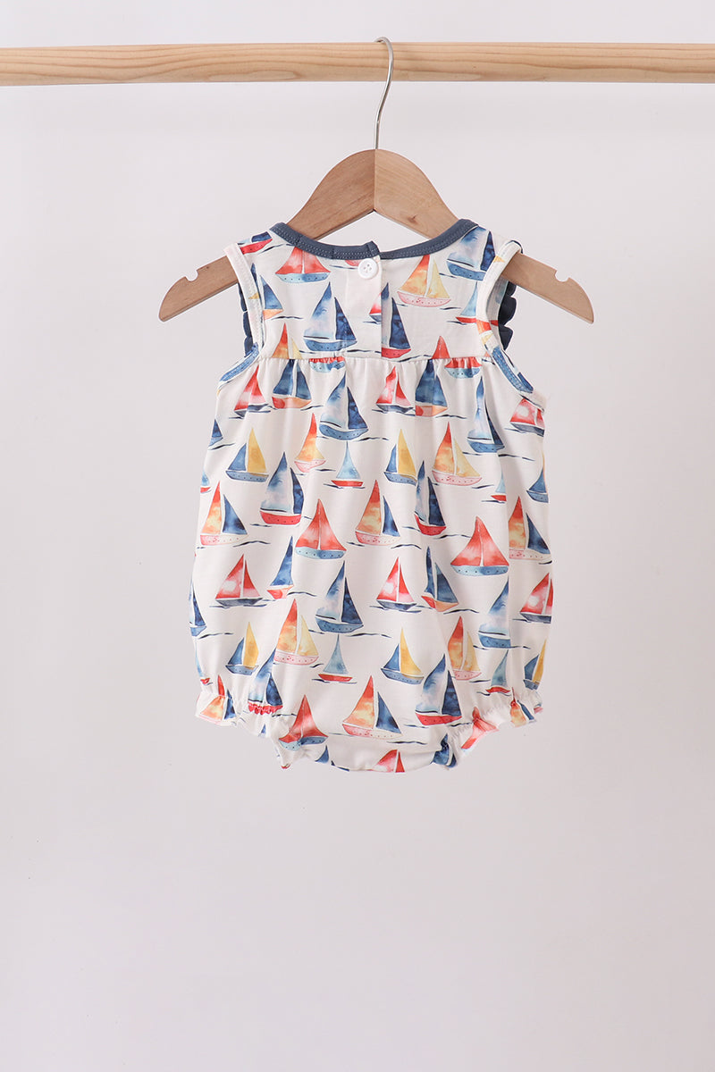 Blue Sailboat Embroidered Ruffle Bubble - Aaria Tees Aaria Tees