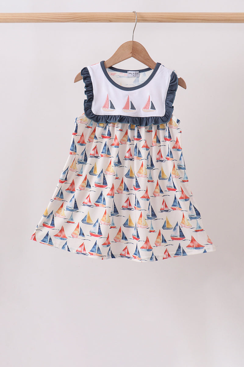 Blue Sailboat Embroidered Dress - Aaria Tees Aaria Tees