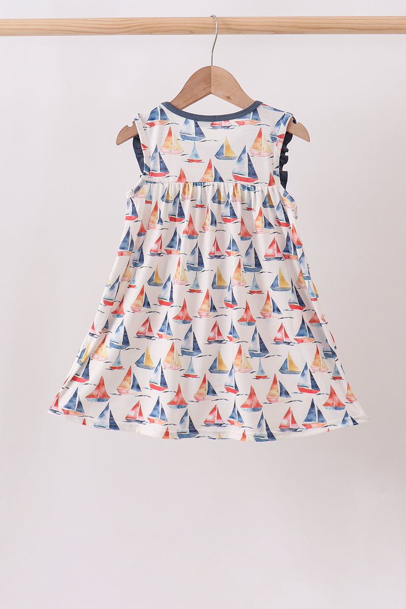Blue Sailboat Embroidered Dress - Aaria Tees Aaria Tees