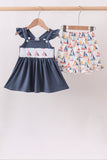 Blue Sailboat Smocked Ruffle Shorts Set - Aaria Tees Aaria Tees