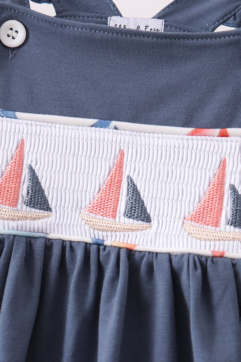 Blue Sailboat Smocked Ruffle Shorts Set - Aaria Tees Aaria Tees