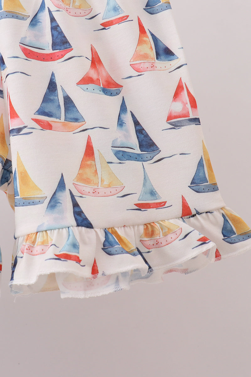 Blue Sailboat Smocked Ruffle Shorts Set - Aaria Tees Aaria Tees