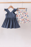 Blue Sailboat Smocked Ruffle Shorts Set - Aaria Tees Aaria Tees