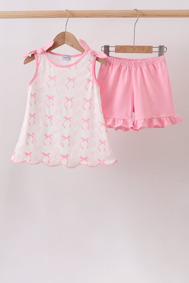 Pink Bow Print Ruffle Shorts Set - Aaria Tees