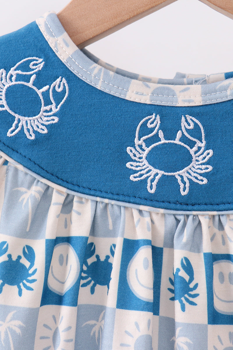Blue Crab Embroidered Checkered Ruffle Bubble - Aaria Tees Aaria Tees