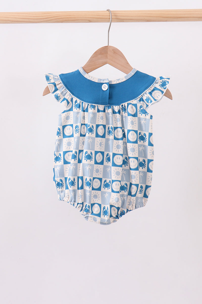 Blue Crab Embroidered Checkered Ruffle Bubble - Aaria Tees Aaria Tees