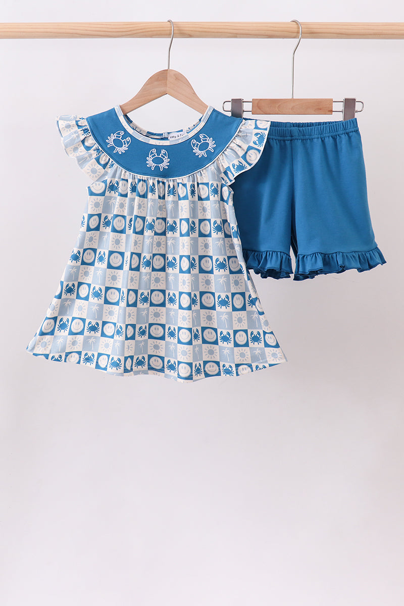 Blue Crab Embroidered Checkered Ruffle Shorts Set - Aaria Tees Aaria Tees