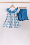 Blue Crab Embroidered Checkered Ruffle Shorts Set - Aaria Tees Aaria Tees