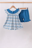 Blue Crab Embroidered Checkered Ruffle Shorts Set - Aaria Tees Aaria Tees
