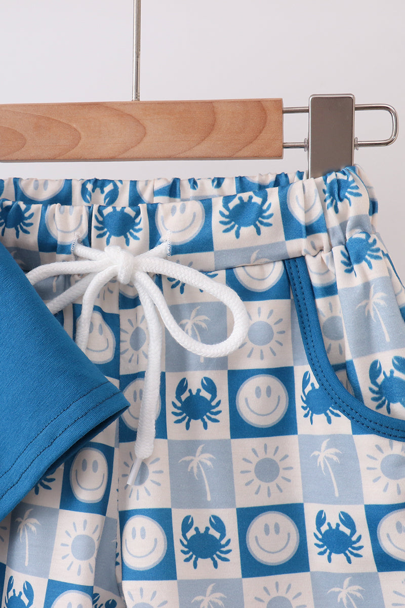Blue Crab Embroidered Checkered Shorts Set - Aaria Tees Aaria Tees