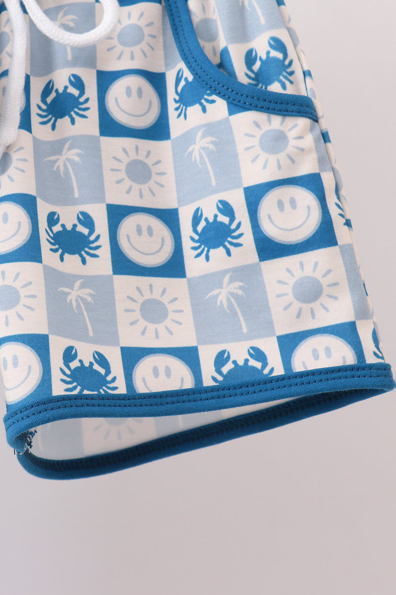 Blue Crab Embroidered Checkered Shorts Set - Aaria Tees Aaria Tees
