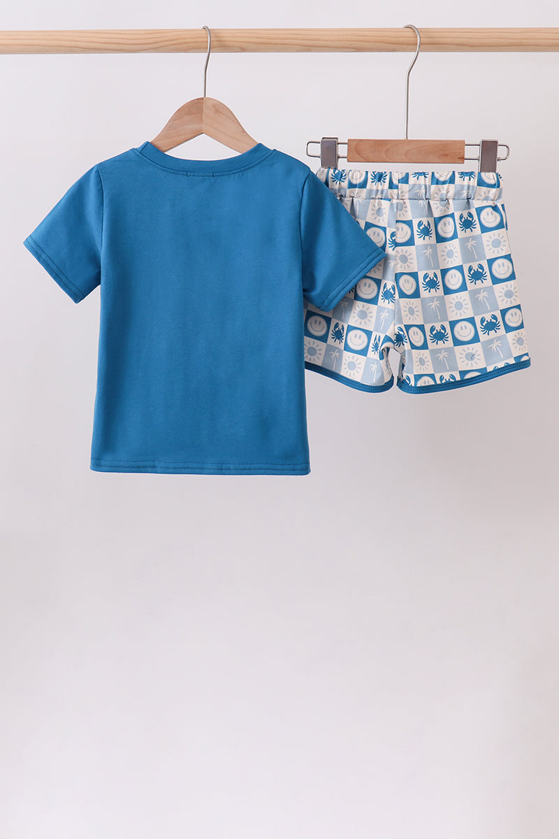 Blue Crab Embroidered Checkered Shorts Set - Aaria Tees Aaria Tees