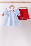 Blue School Bus Smocked Gingham Ruffle Shorts Set - Aaria Tees Aaria Tees