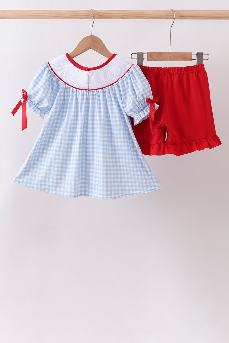 Blue School Bus Smocked Gingham Ruffle Shorts Set - Aaria Tees Aaria Tees