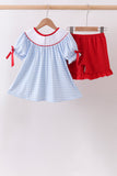 Blue School Bus Smocked Gingham Ruffle Shorts Set - Aaria Tees Aaria Tees