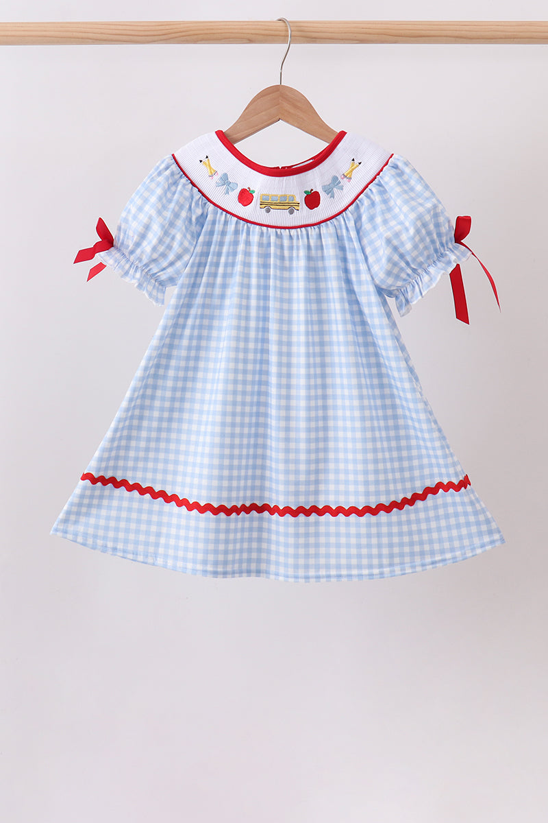 Blue School Bus Smocked Gingham Dress - Aaria Tees Aaria Tees