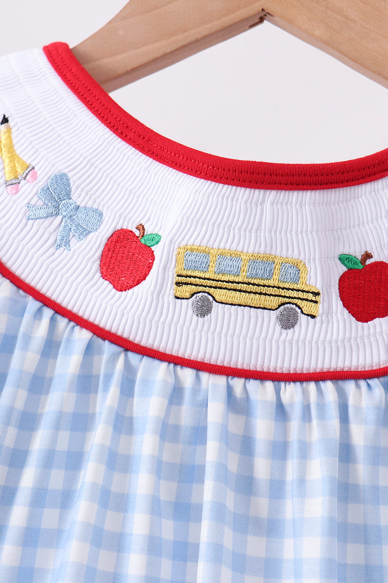 Blue School Bus Smocked Gingham Dress - Aaria Tees Aaria Tees