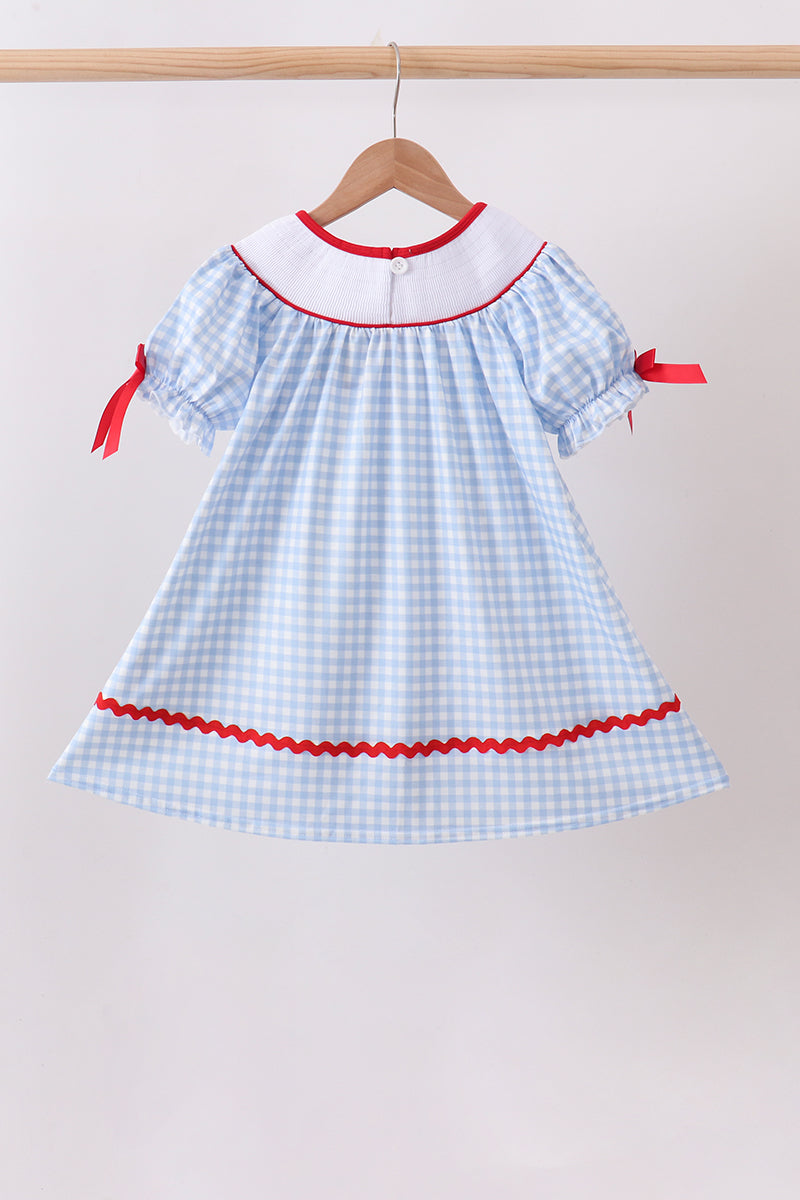 Blue School Bus Smocked Gingham Dress - Aaria Tees Aaria Tees