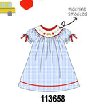 Blue School Bus Smocked Gingham Dress Aaria Tees