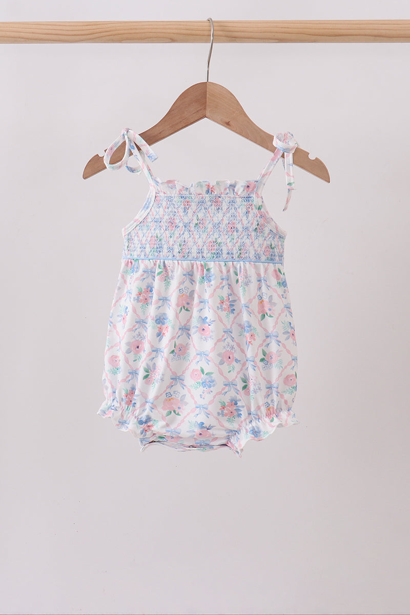 Blue Floral Smocked Bubble - Aaria Tees Aaria Tees