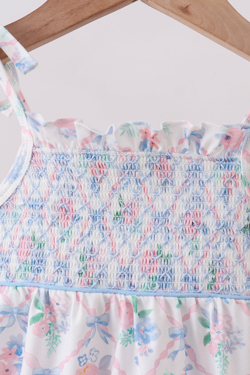 Blue Floral Smocked Bubble - Aaria Tees Aaria Tees