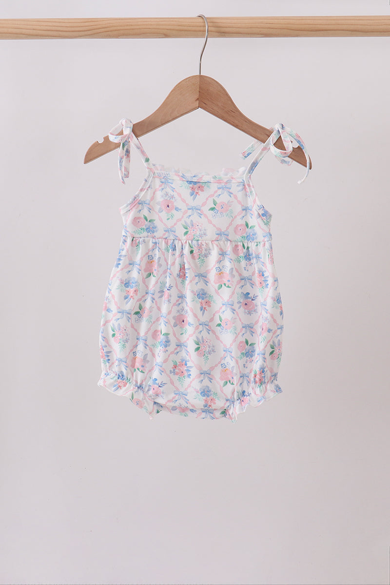 Blue Floral Smocked Bubble - Aaria Tees Aaria Tees