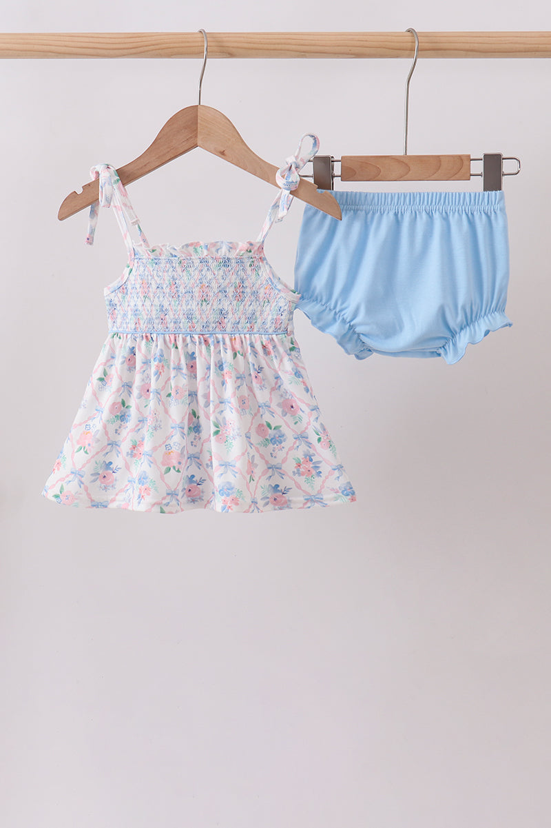 Blue Floral Smocked Bloomer Set - Aaria Tees Aaria Tees