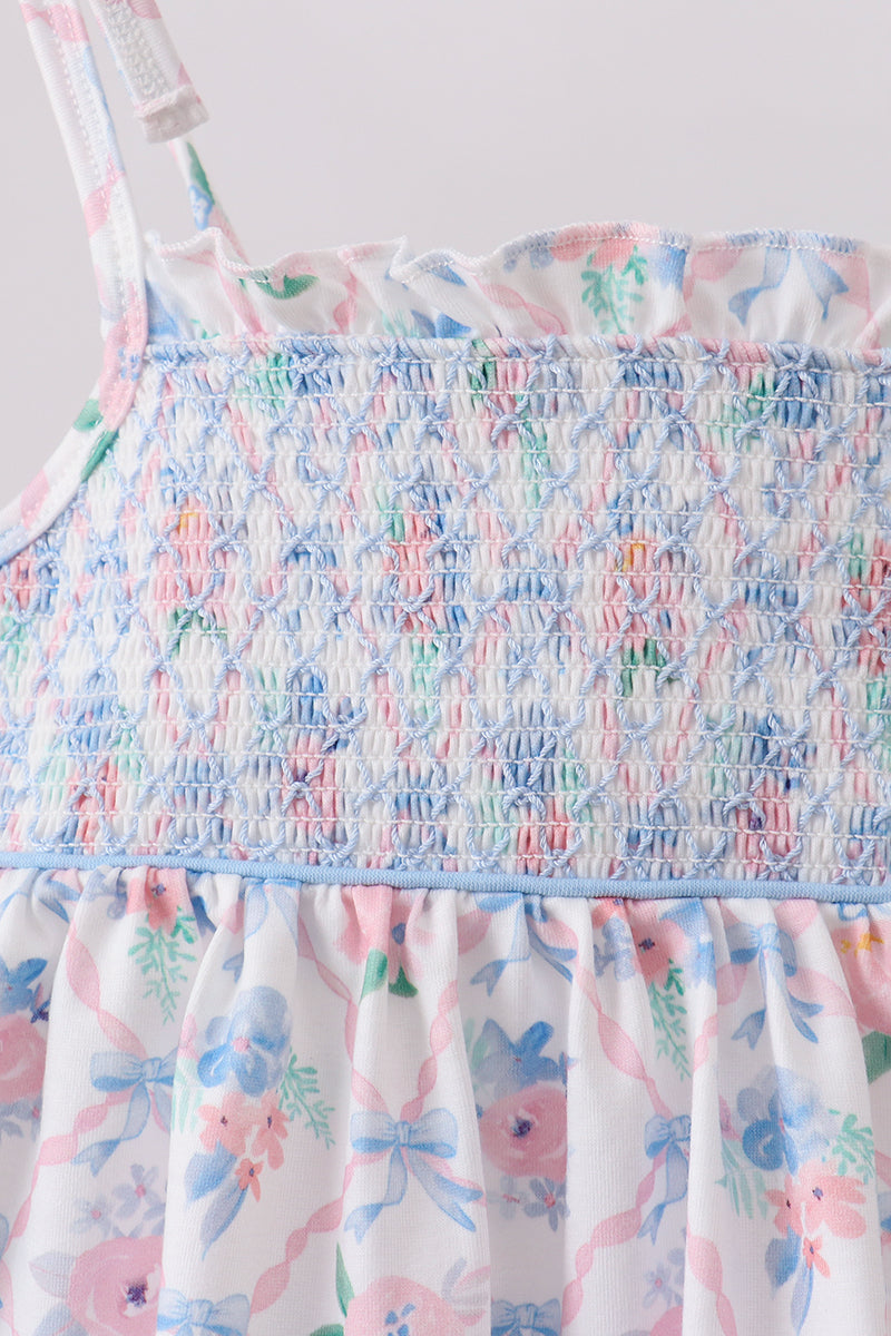 Blue Floral Smocked Bloomer Set - Aaria Tees Aaria Tees