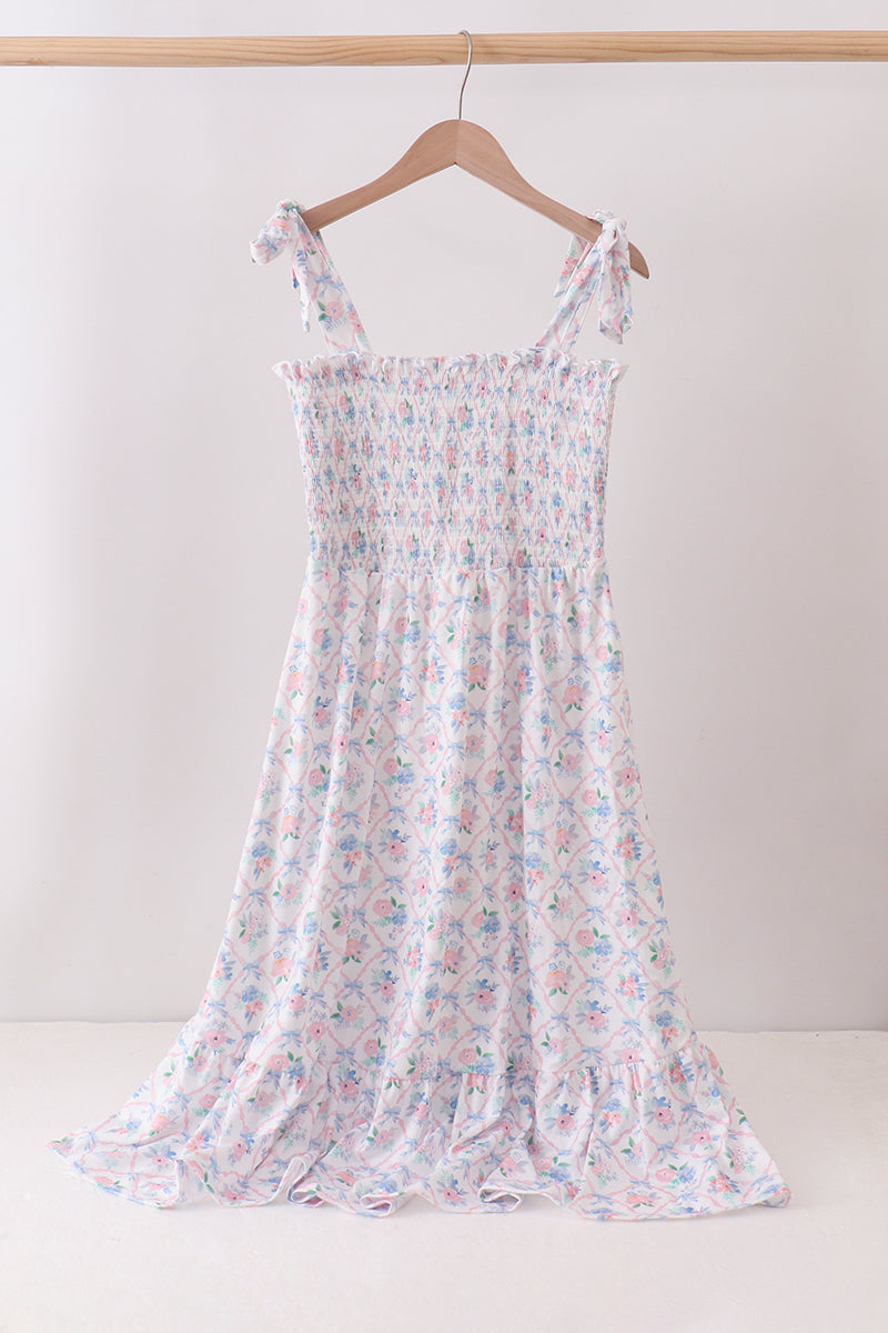 Blue Floral Smocked Mom Dress - Aaria Tees Aaria Tees