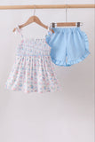 Blue Floral Smocked Ruffle Shorts Set - Aaria Tees Aaria Tees