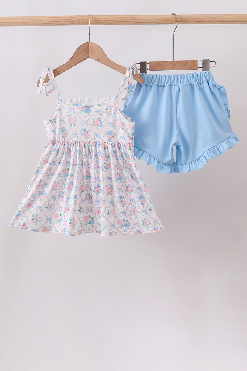 Blue Floral Smocked Ruffle Shorts Set - Aaria Tees Aaria Tees